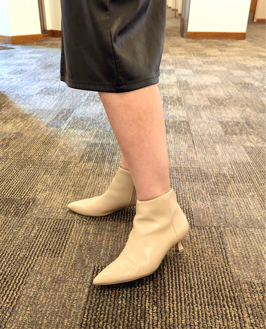 Nancy wearing the Maya Ankle Bootie in tender taupe by Lifestride