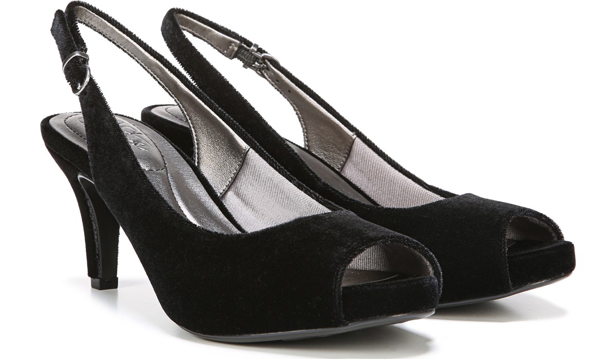 black velvet peep toe heels